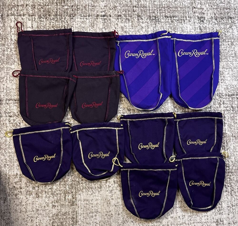 Lot Of 12 Crown Royal Drawstring Empty Bags Purple 6” & 12” Black Berry